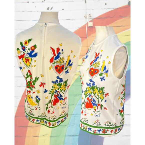 Vintage 70s Miss Holly Groovy Lovers Scene Hippy Print Sleeveless Top Size L - Picture 3 of 3